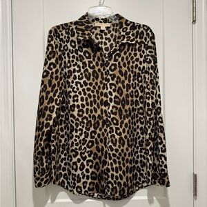 MICHAEL KORS LEOPARD ANIMAL PRINT LONG SLEEVE BUTTON DOWN TOP